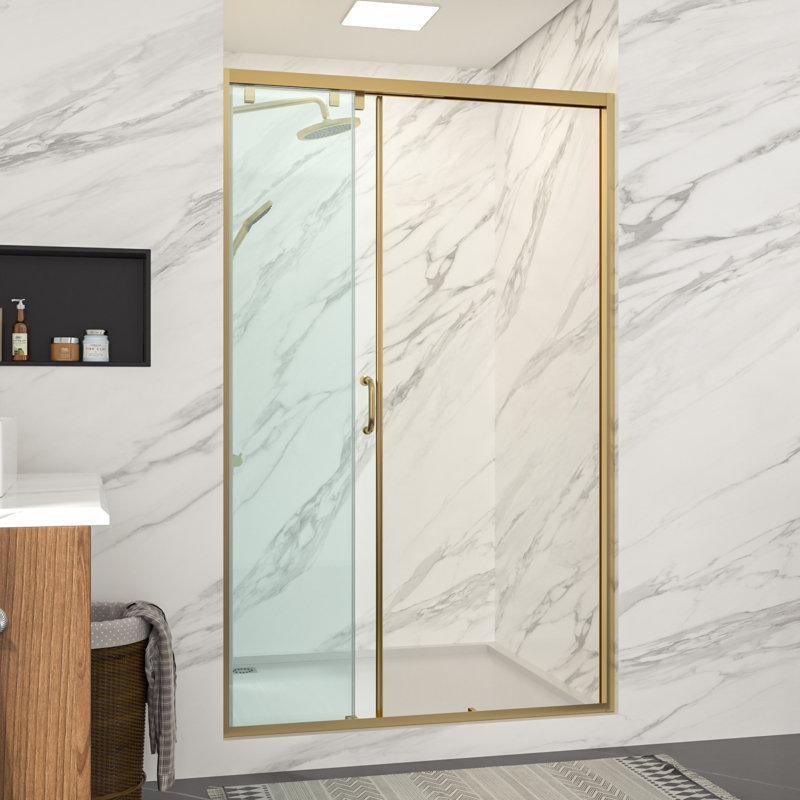 Porte de douche à porte coulissante triple avec porte en verre trempé l 48 po x H 76 po, Doré