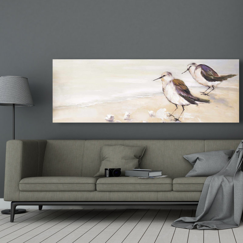 Two Sandpipers on the Beach - Beige Bathroom Canvas Decor