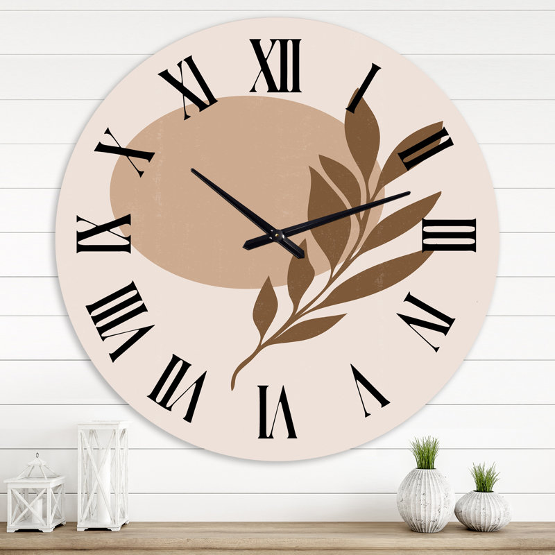 Horloge murale moderne abstrait soleil et lune en terre cuite avec feuille tropicale, Grand