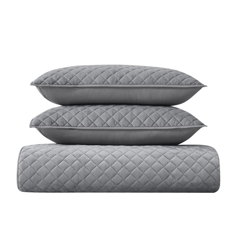 Gray Twin Velvet Reversible Quilt Set with Sham