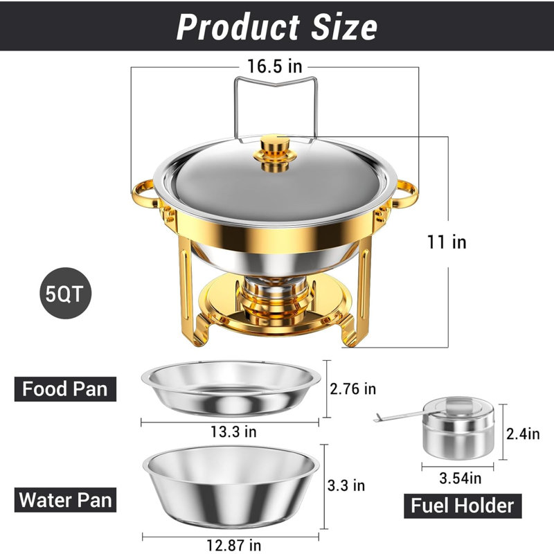 Plats à frire ronds pour buffet 5 pte, ensemble de réchaud à vaisselle de haute qualité, poêle pleine grandeur, chauffe-plats à bord roulé pour fêtes, buffet, mariage, anniversaire, camping, lot de 4 (or)