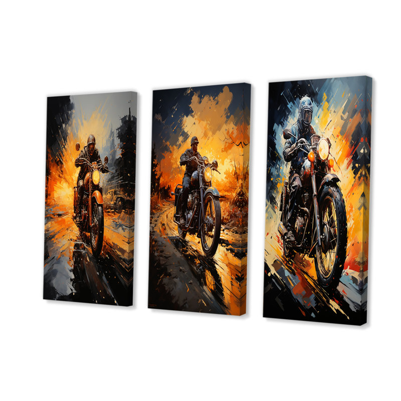 Yellow Dirt Bike Adventure - Ensemble de 3 décorations murales moto, H 28 po x l 36 po, Toile tendue