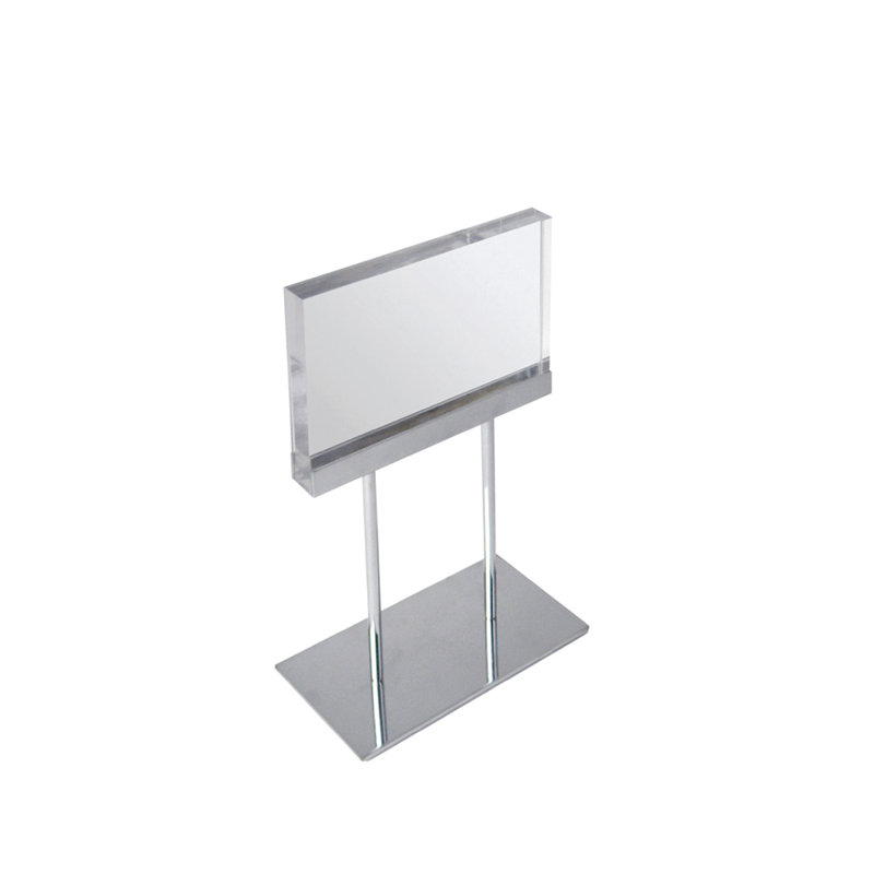Small Clear Acrylic Block Sign Holder with Chrome Stand for Counter
