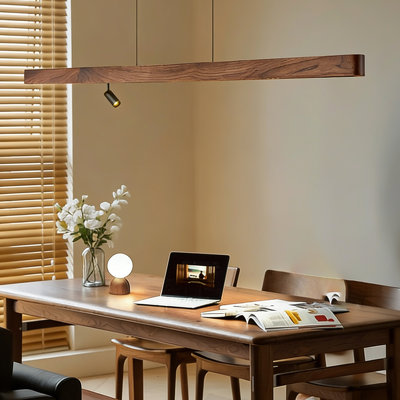 Black Walnut Linear Pendant Light, Chinese Zen Style LED Lamp for Tea Room, Dining Room, Bar & Office