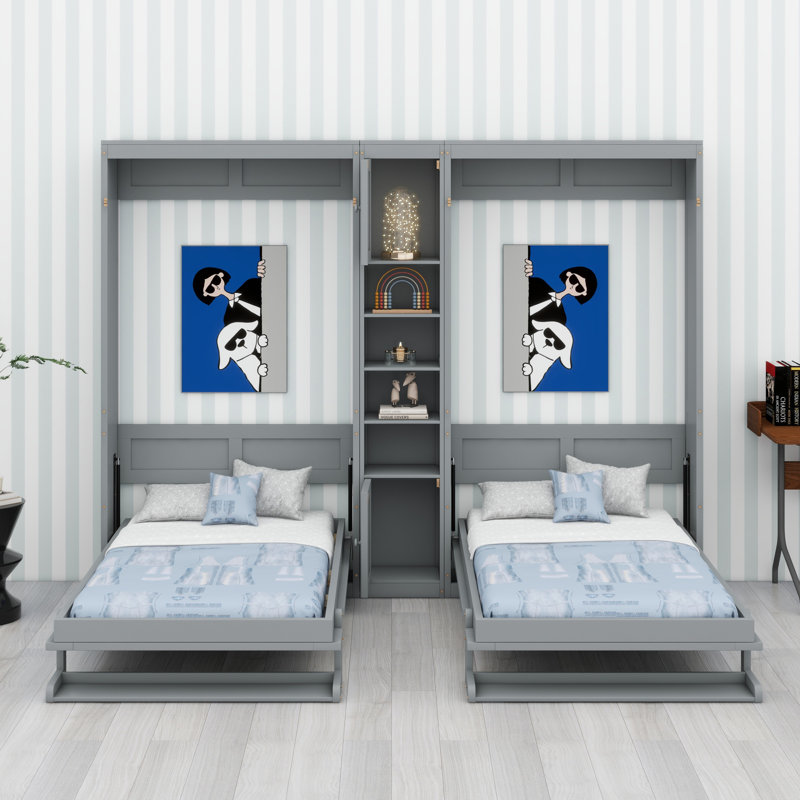 Deux lits escamotables doubles avec armoires et tablettes, gris