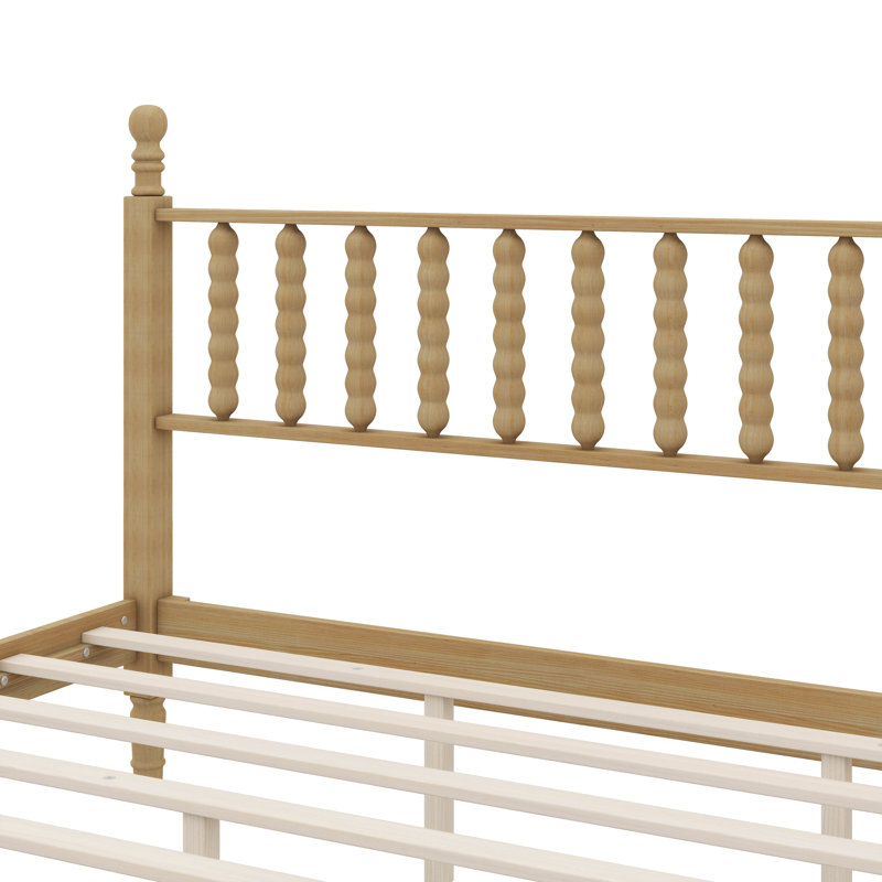 Structure de lit en bois de très grande taille avec tête de lit en forme de gourde, lit plateforme antique soutenu par des lattes de bois
