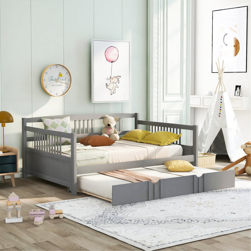 Full Size Daybed Wood Bed With Twin Size Trundle,Gray, Full/Double, Gray
