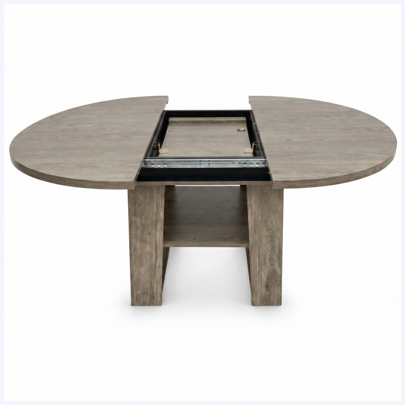 Table de salle à manger ronde extensible de 110 à 150 cm pour 4 à 6 personnes, table de cuisine ronde transformable en ovale avec rallonge rabattable, piètement stable en forme de H et étagère de rangement, grise