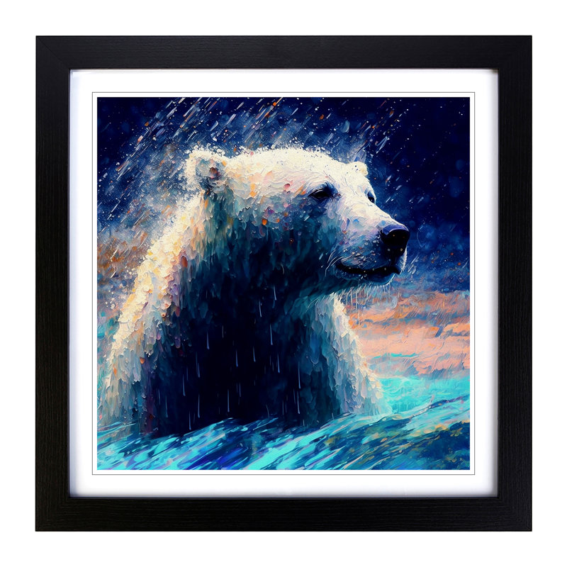 Polar Bear Neo-Impressionism - Single Picture Frame Print on Wood, Oak