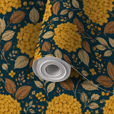 Papier de contact à peler et coller papier d'automne botanique fleurs jaunes feuilles brunes foncé auto-adhésif et amovible 17,7 po x 118 po (45 x 300 cm)
