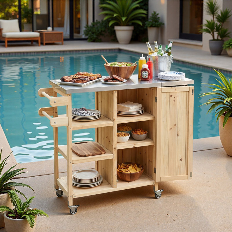 Îlot de cuisine extérieur pliable avec roulettes verrouillables, armoire de rangement et porte-serviettes, Naturel