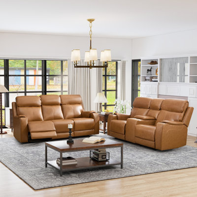 3-Piece Classic Top Genuine Leather Power Reclining Living Room Set: Loveseat + Sofa With Adjustable Headrest, Console & USB Port