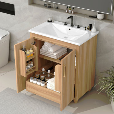 Meuble-lavabo 30 po avec lavabo, armoire de salle de bain multifonctionnelle avec portes et tiroir, panneau de fibres à densité moyenne