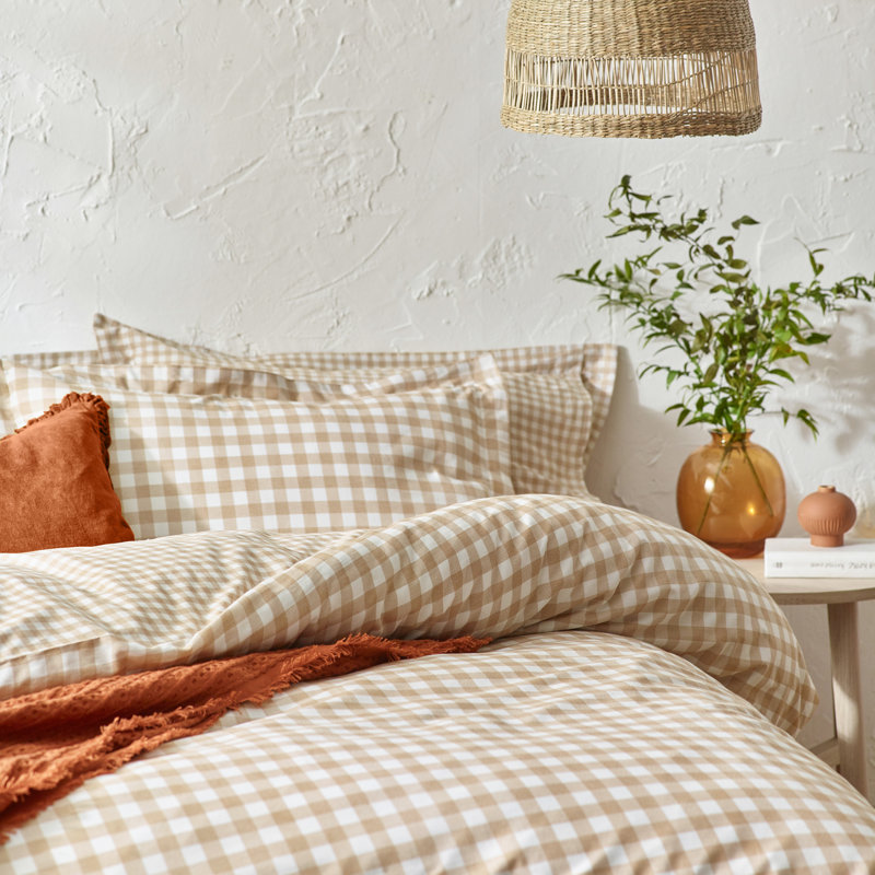 Barton Gingham Check Duvet Cover Set, Beige/White, Double Duvet Cover + 2 Standard Pillowcases