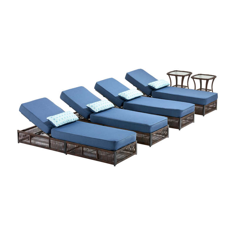 Hayossy 6-Piece Outdoor Chaise Lounge Set With 2 Side Tables, 4 All-Weather Wicker Recliners, Blue