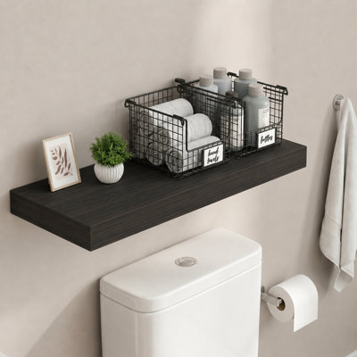 Étagère murale flottante, 30 x 89 cm, pour salle de bain ou salon, fini chêne tabac. Rangement mural avec fixations invisibles, tablette de 5 cm d'épaisseur.