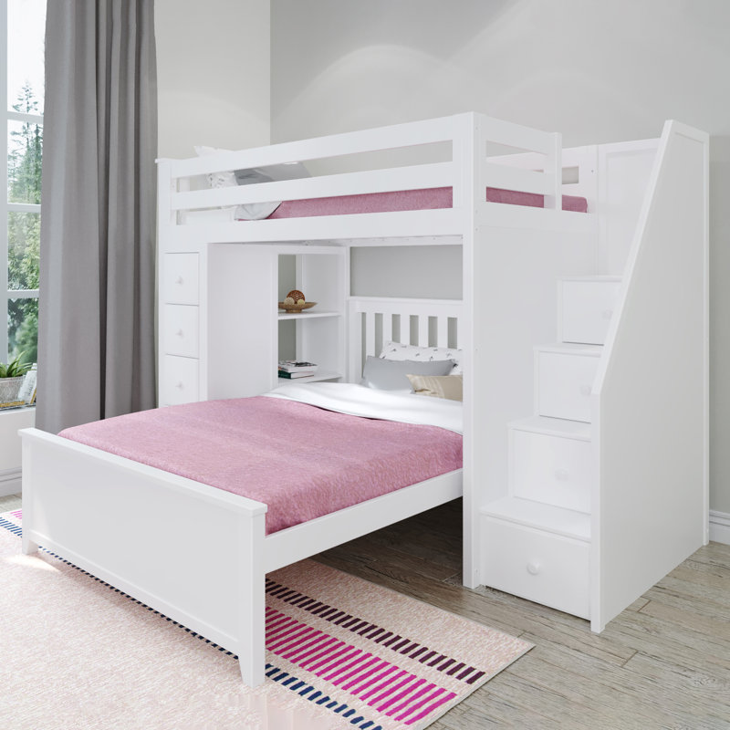  Helfriede Solid Wood 8 Drawer L-Shaped Bunk Bed, White, Twin over Full