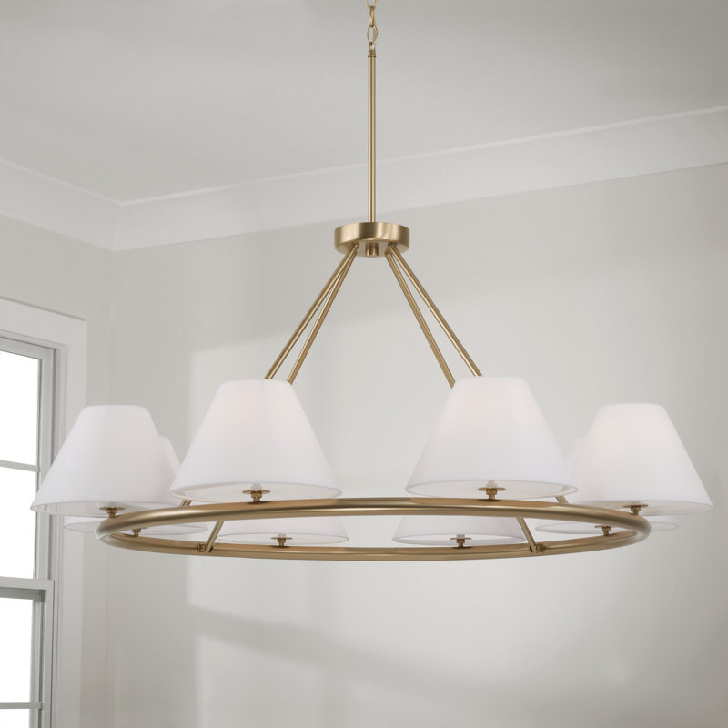 Lustre circulaire 8 lumières 44,75 "x H 20,50" en laiton mat avec abat-jour en tissu et diffuseurs en verre