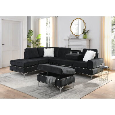 Sectional 3-Seaters Sofa With Reversible Chaise, Storage Ottoman And Cup Holders, Metal Legs And Copper Nails,Two Villose Pillows (107.5" X 80.5" X36")