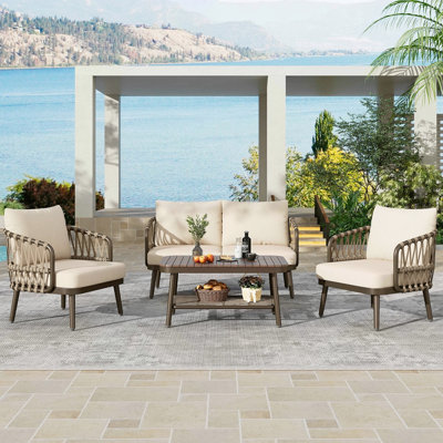 Ensemble de mobilier d'extérieur 4 pièces, chaises en métal avec dossier en forme de U en corde tissée, ensemble de conversation avec coussins épais et table basse pour le jardin, la piscine, le balcon