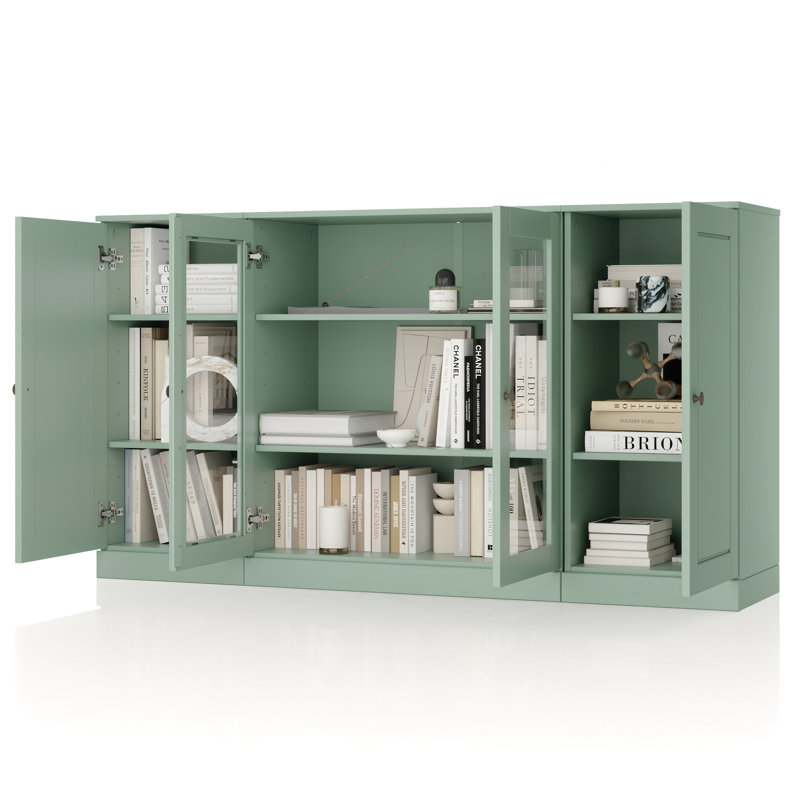 100% Solid Wood 65" Sideboard with Solid, Clear Glass Doors and Adjustable Shelves, Sage