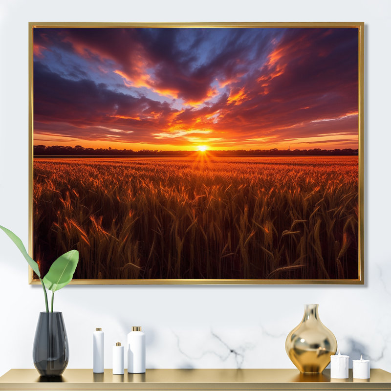 «Glorious Sunset Over Flanders Wheat Fields I», reproduction sur toile, H 34 po x l 44 po, Cadre flottant doré