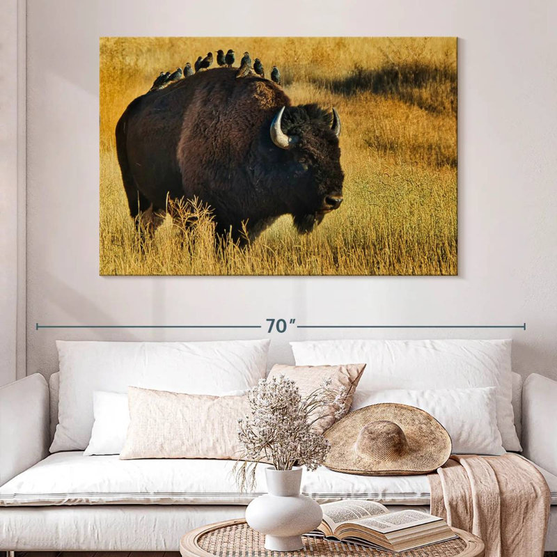 Brampt oiseaux sur bison, H 34 po x l 51 po