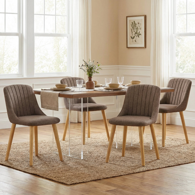 48.5cm H Upholstered Dining Chairs With Wooden Legs, Brown Linen/Natural, 4