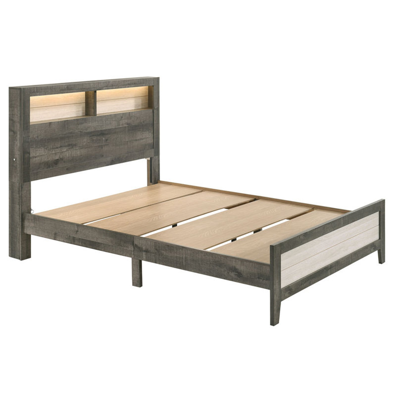 1pc Queen Size Platform Storage Bed Low-profile Plank-style Headboard Built-in Lighting Modern Farmhouse Style Grey Beige