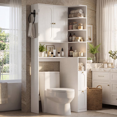 Armoire de rangement en L en bois à 7 niveaux avec portes au-dessus de la toilette, tablette de rangement pour salle de bain moderne avec 2 grands tiroirs, armoire de rangement pour salle de bain, économiseur d'espace, blanc