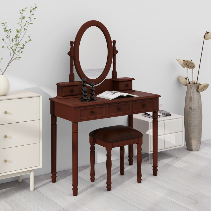 Meuble-lavabo rétro avec miroir ajustable, tabouret rembourré en velours et tiroirs aux lignes douces