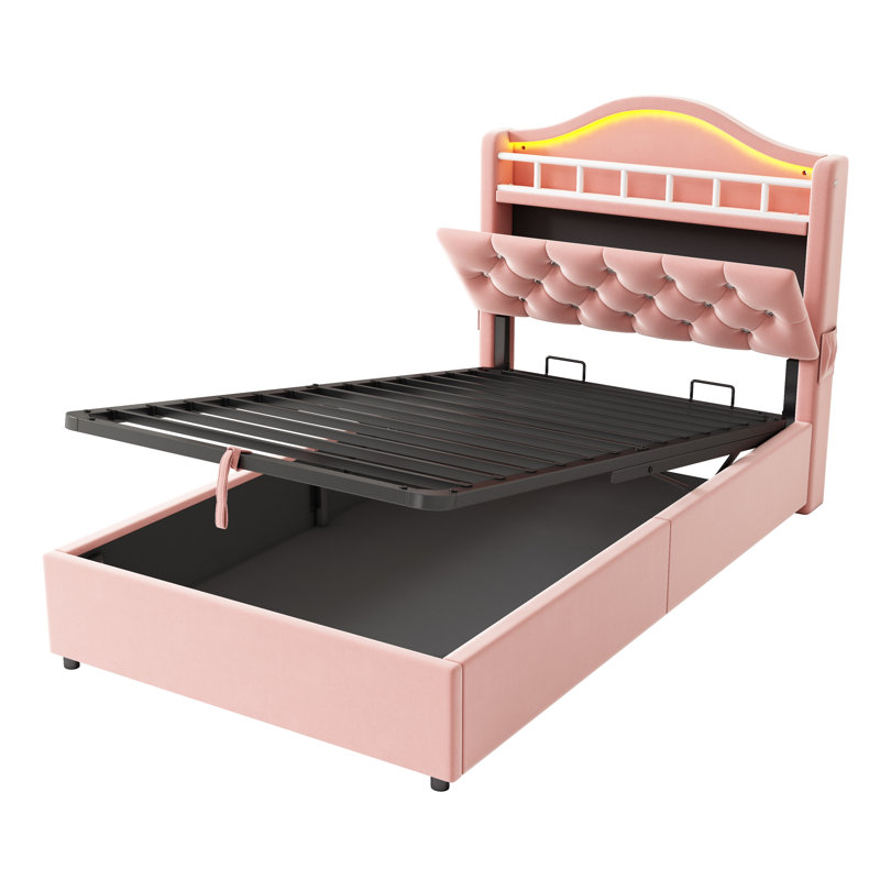 3ft Ottoman Bed With Led And  Storage Headboard Velvet, Pink