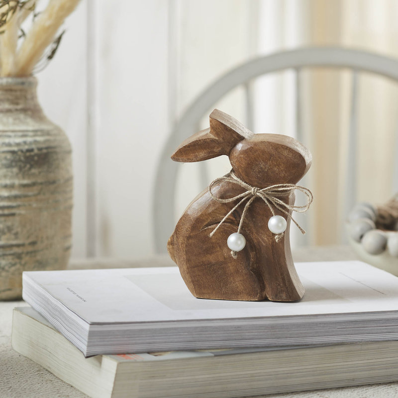 Lapin assis en bois naturel avec perles, H 4,25 po x l 5,5 po x P 1,5 po
