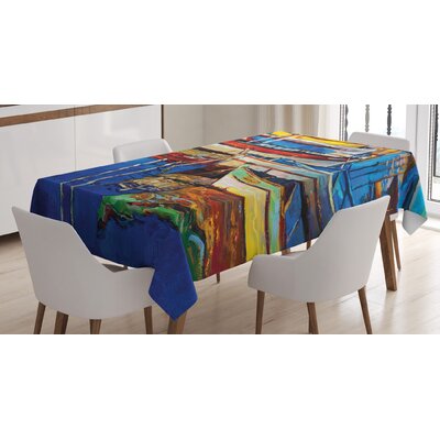 Country Tablecloth, Folk Art Style Paint Of Boats On Shore At Golden Yellow Sunset Cruising By The Sea, Rectangular Table Cover For Dining Room Kitche -  East Urban Home, 9A9706867CB14F6BB05CF2D91D21D036