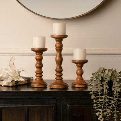 12'' Handcrafted Mango Wood Pillar Candle Holder Set – Rustic 3-Piece Set for LED Candles