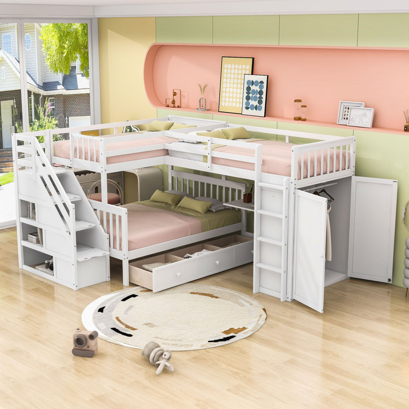 Lit superposé simple au dessus d'un lit double avec rangement pour escalier et bureau rétractable, Blanc