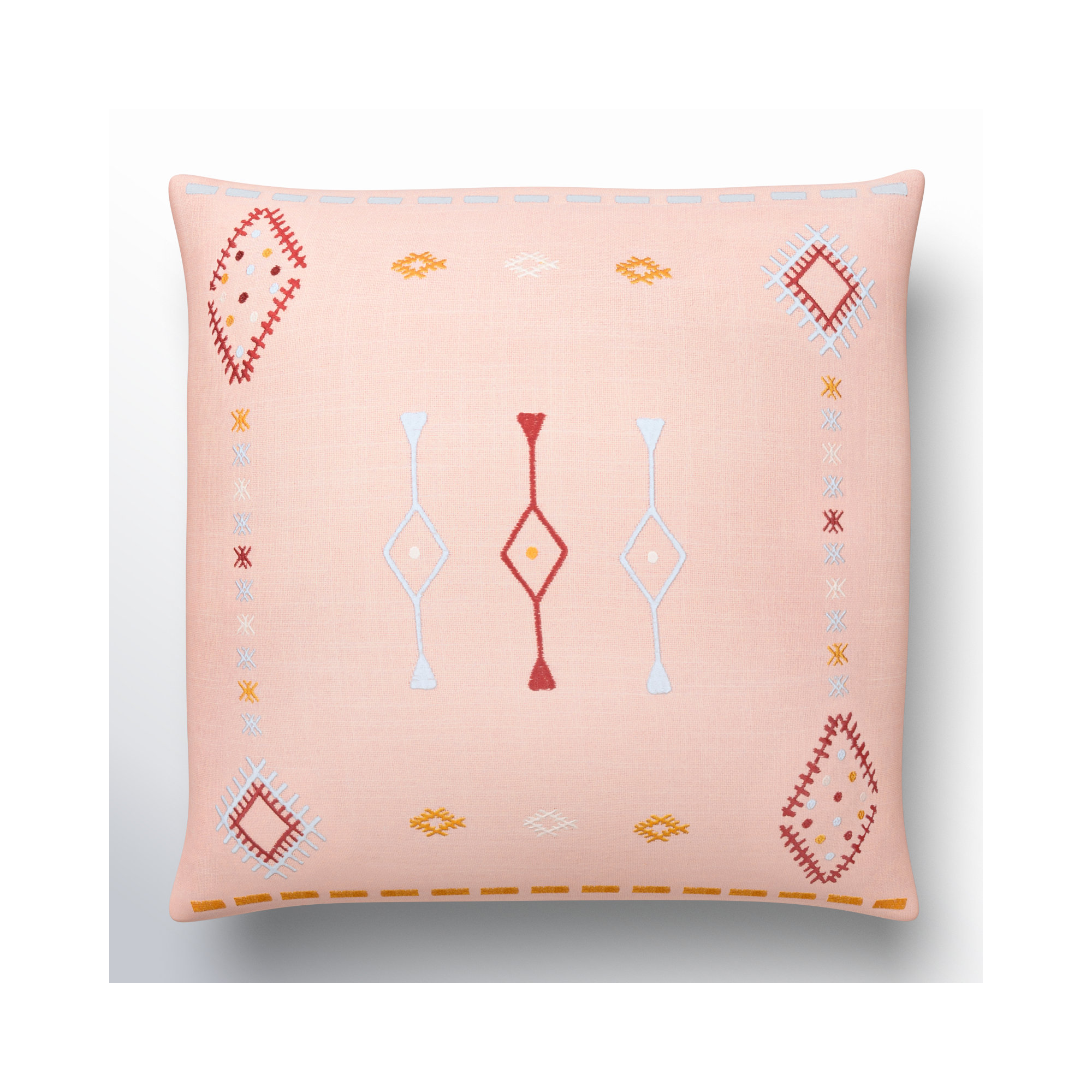 Gwyn Embroidered Cotton Pillow Cover, 20" x 20", Dusty Pink/Pale Blue/Mustard