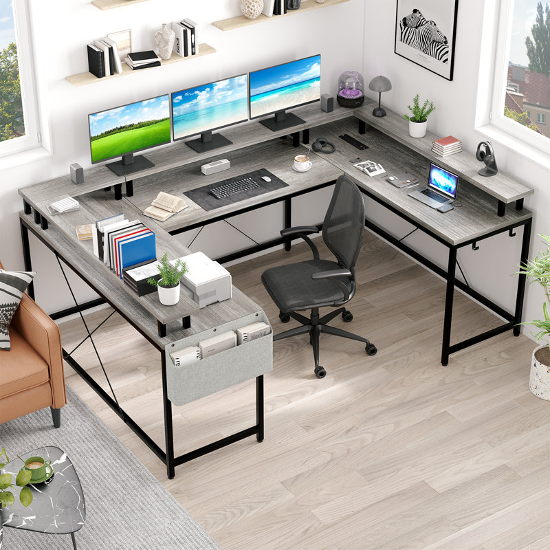 U Shaped Computer Gaming Desk with Power Outlets & LED Lights, Monitor Stand,Reversible L Shaped Desk Large Corner Desk with Storage Shelves for Home Office