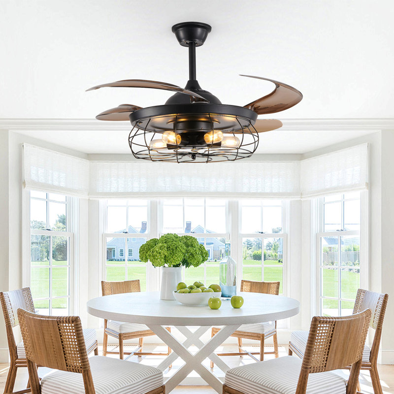 Ventilateur de plafond 48 po avec télécommande noire - ventilateur industriel à 4 pales avec cage et vitesse réglable pour le salon, la chambre à coucher ou le bureau (moteur silencieux / réversible à 6 vitesses / à courant continu) (ampoule non incluse)