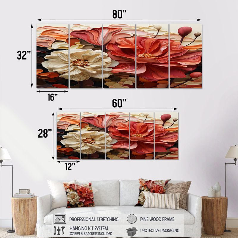 Magnolias rouges et jaunes rétro - art mural 5 pièces, H 28 po x l 60 po