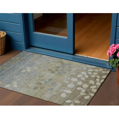 3' X 5' Khaki And Gray Floral Washable Indoor Outdoor Area Rug