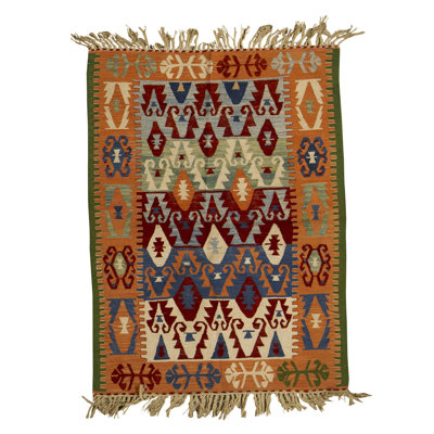 Tapis orange, bleu et rouge noué à la main de haute qualité