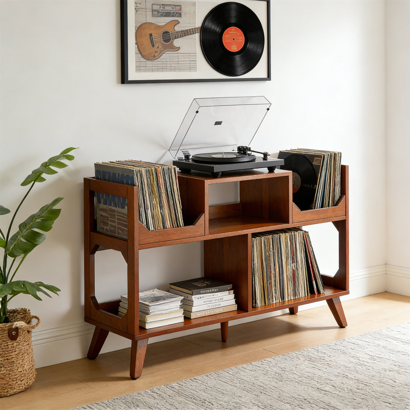 Mid-Century Modern Media Console Record Player Stand, Vinyl Storage, Large, Walnut