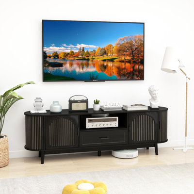 70" Fluted Tv Stand For Tvs Up To 80", Mid-century Modern Entertainment Center With Drawers And Sliding Doors For Living Room, Bedroom