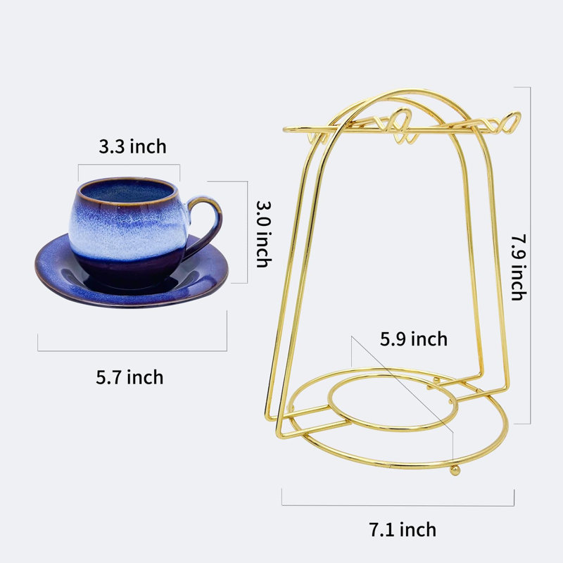Ensemble de tasses à espresso artisanales bleues - Support en fer fabriqué à la main, de qualité supérieure, idéal pour les fêtes