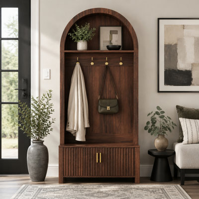 Arched Top Hall Tree with Bench and Shoe Storage,70.3"Arch Coat Rack with 4 Metal Hooks and 2 Fluted Doors
