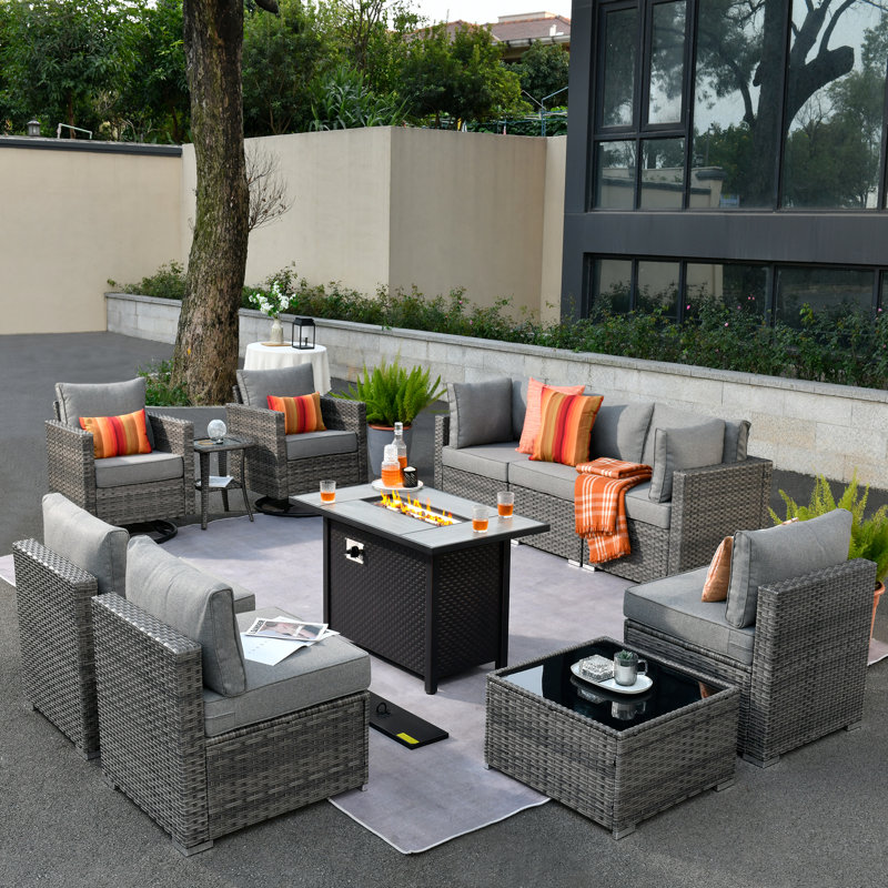 Chappotin Wicker 9 - Person Modular Patio Conversation Sets with Cushions, Gray