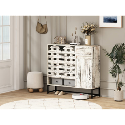 Armoire de rangement rustique de 44,3 po pour chambre à coucher, salon - console de bar avec tiroir et portes, finition blanche patinée, rangement rétro, cuisine de buffet, utilisation à long terme dans le couloir