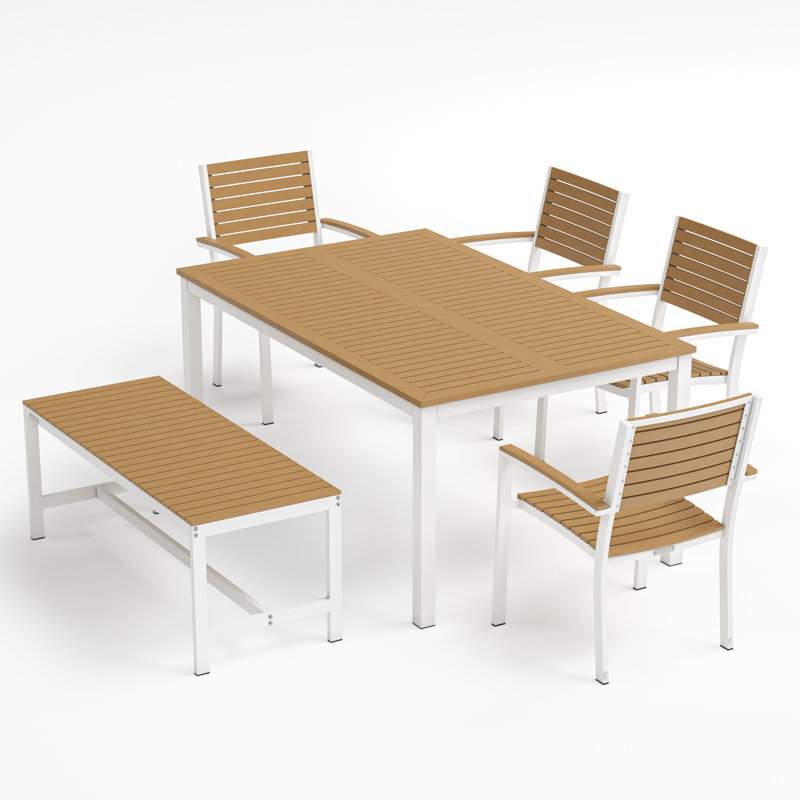 Ensemble repas d'extérieur rectangulaire en aluminium thermolaqué 63 po Travira, Bois de teck naturel, Craie