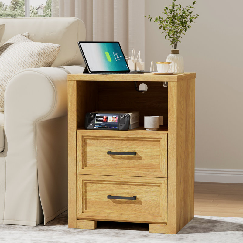  2-Drawer 17.7'' Wide Nightstand with Built-In Outlets, Wood Night Stand Bedside Table, Black Handles & Open Shelf